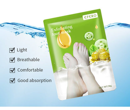 Exfoliating foot mask sachet with peeling-sock feet and EFERO logo