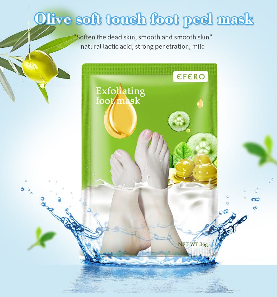 Exfoliating foot mask sachet with olive imagery and foot peeling scene, EFERO