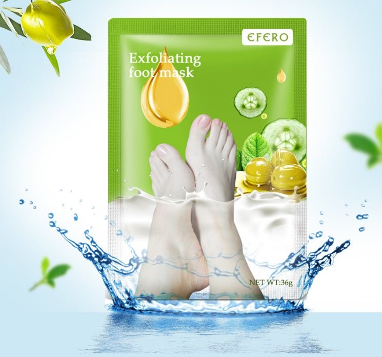 Exfoliating foot mask sachet showing foot peeling sock graphic, EFERO