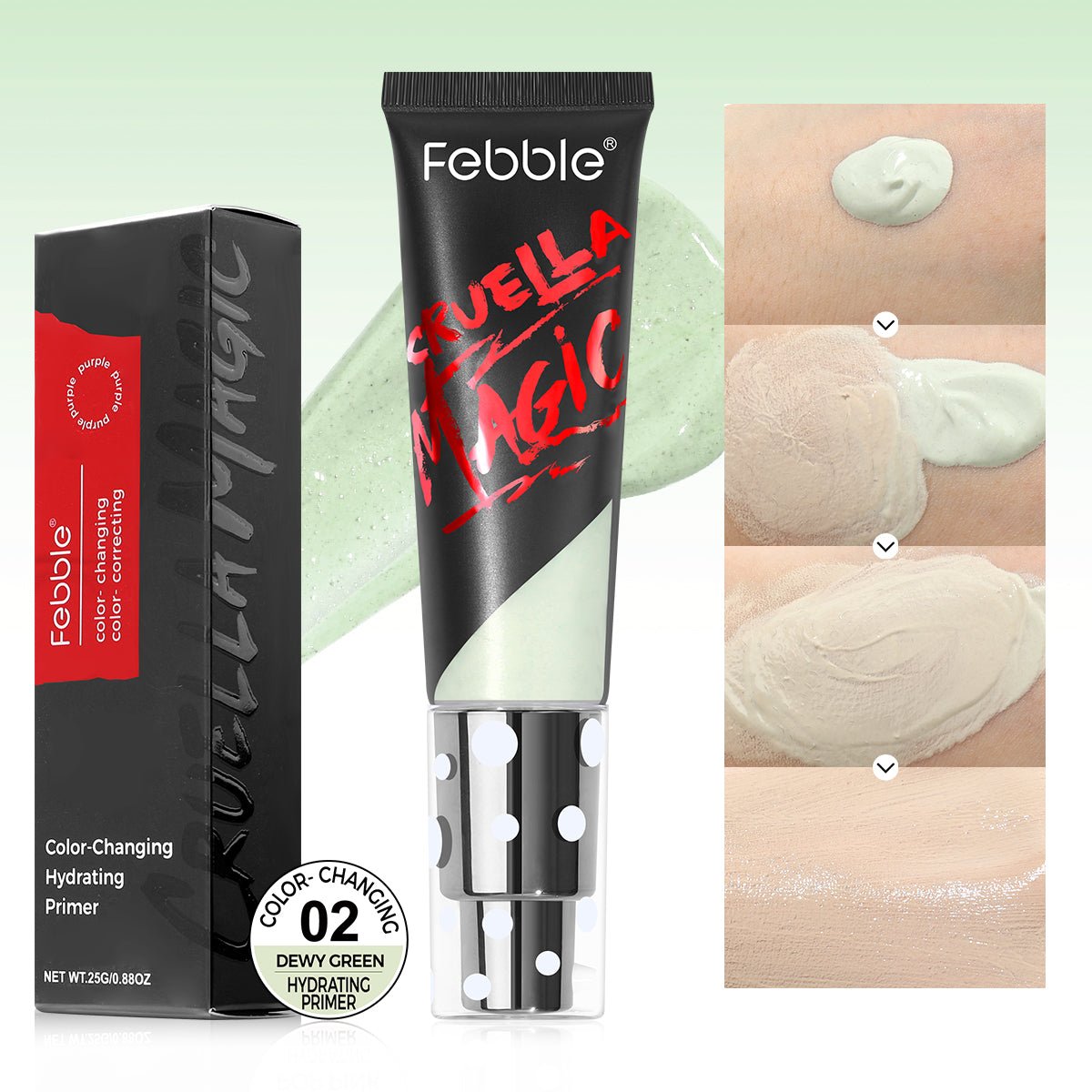 Color-changing face primer tube with dark green shade and boxed packaging