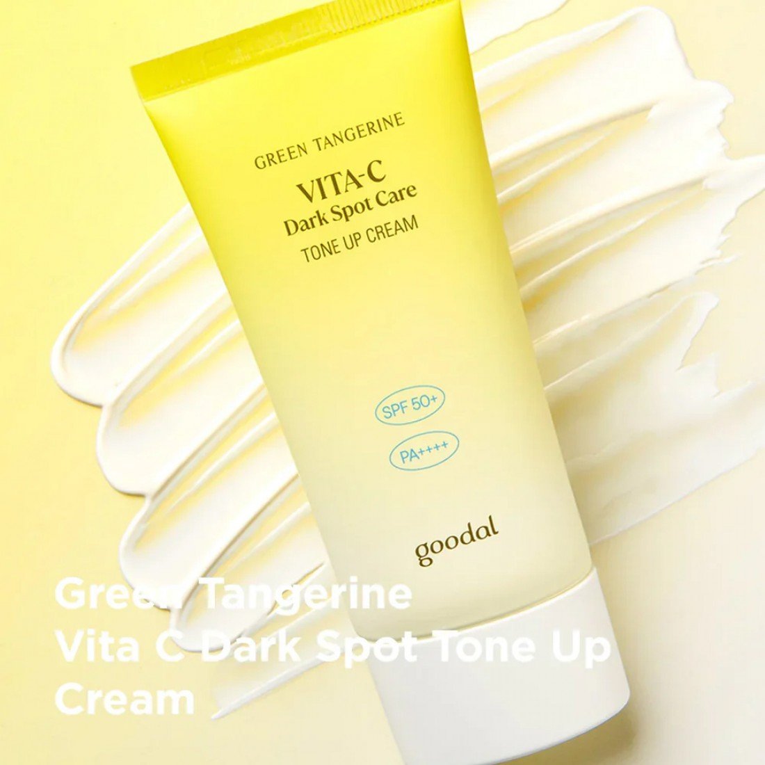 Goodal Vita-C Dark Spot Care Tone Up Cream SPF 50 tube on cream swirls