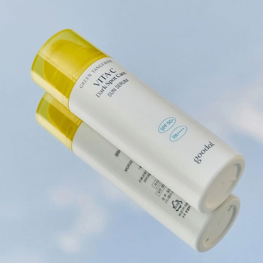 Goodal Green Tangerine Vita-C Dark Spot Care Sun Serum bottles side view