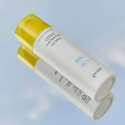 Goodal Green Tangerine Vita-C Dark Spot Care Sun Serum bottles side view