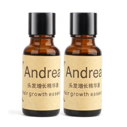 Two Andrea hair growth essence amber bottles with black caps and beige labels