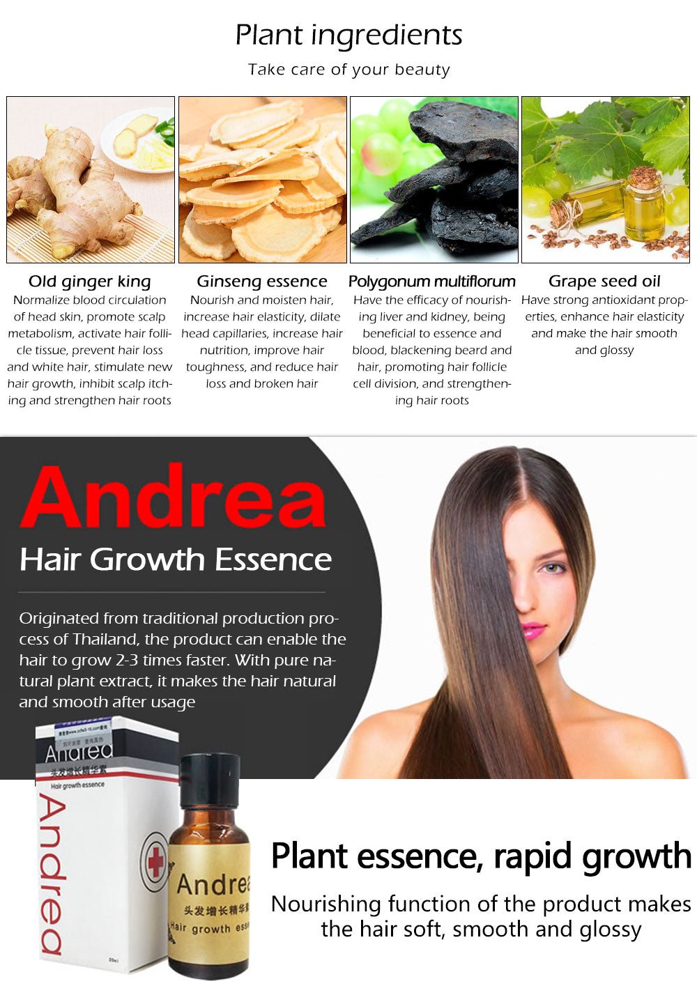 Andrea hair growth essence bottle with amber serum and matching product box