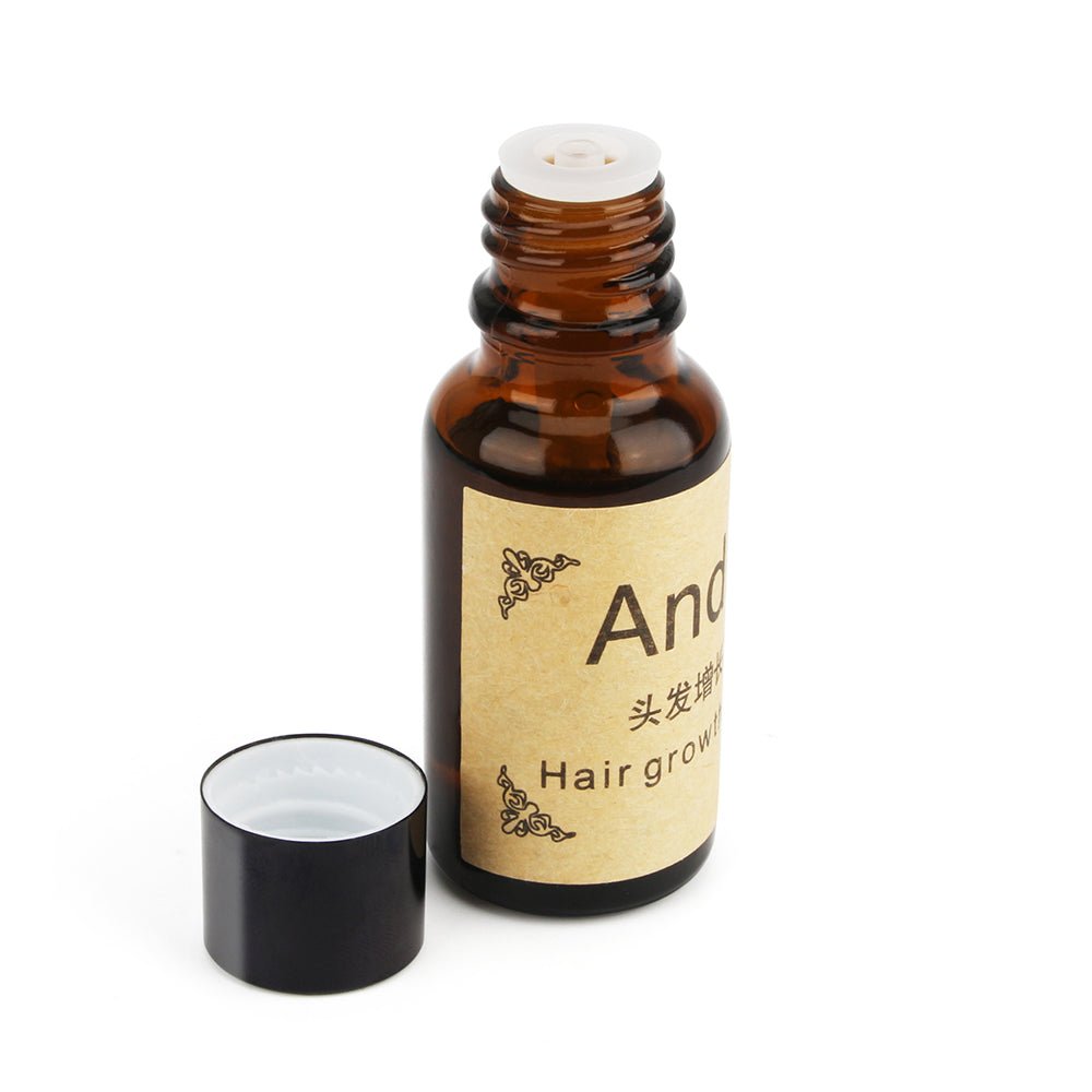 Andrea hair growth essence amber bottle with white cap and open black cap