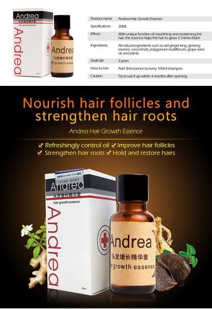 Andrea hair growth essence bottle and box shown together with amber serum