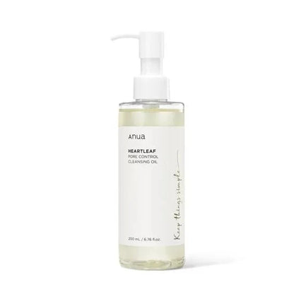 Anua Heartleaf Pore Control cleansing oil bottle with white pump, clear bottle, pale yellow