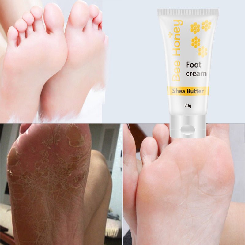 Foot cream tube with shea butter, 20g, shown with feet and smooth skin