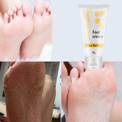 Foot cream tube with shea butter, 20g, shown with feet and smooth skin