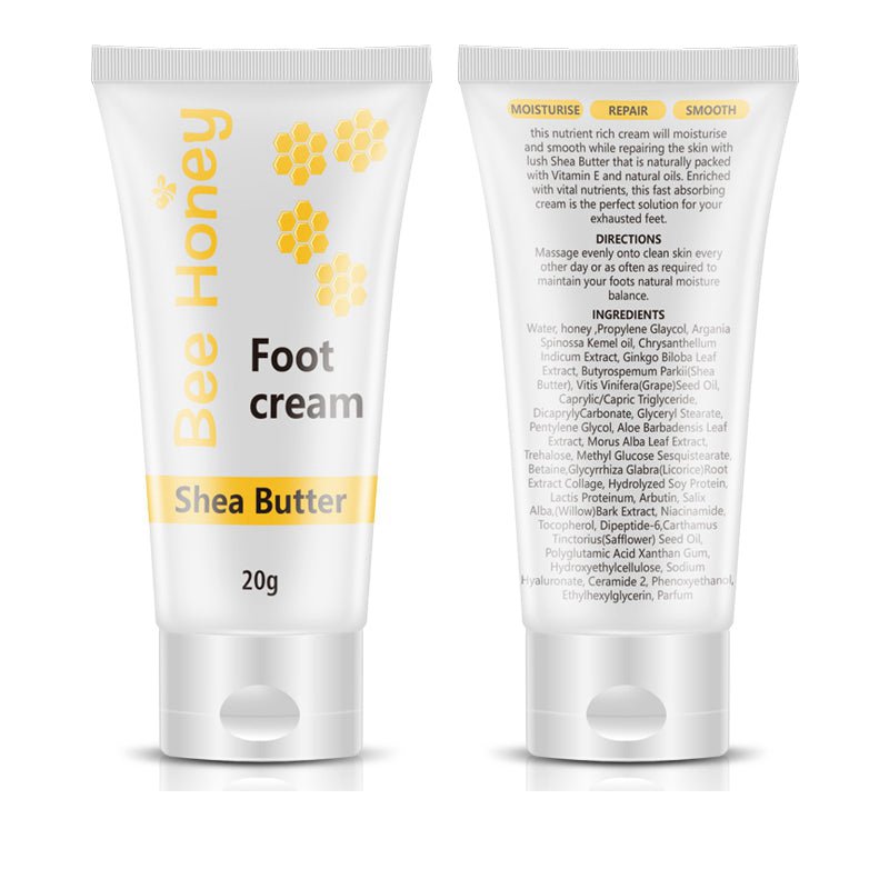 Foot cream tube front and back views, shea butter, 20g, white with yellow