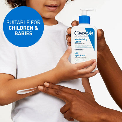 CeraVe moisturising lotion pump bottle, white and blue, with lotion on arm