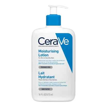 CeraVe moisturising lotion bottle with pump, white bottle with blue label and cap