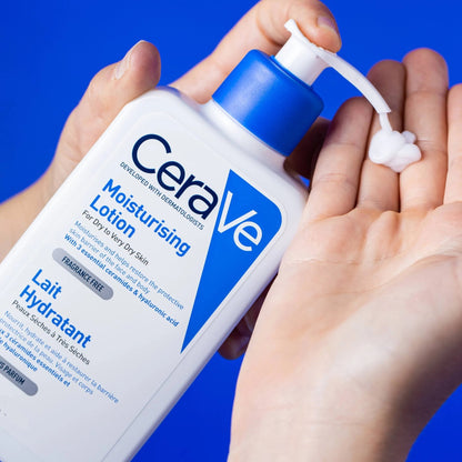 CeraVe moisturising lotion bottle with pump, white bottle and blue cap on hand