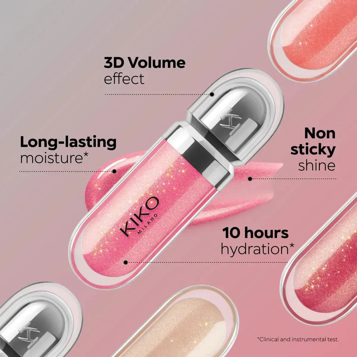 KIKO Milano 3D Hydra lip gloss applicator in shiny pink glitter tube