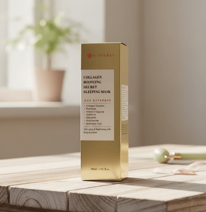 Collagen sleeping mask box in gold tone with K-SECRET logo, 60 ml