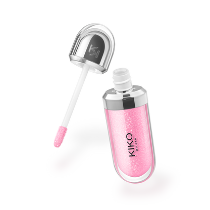 Pink glitter lip gloss with doe-foot applicator and silver flip-top cap