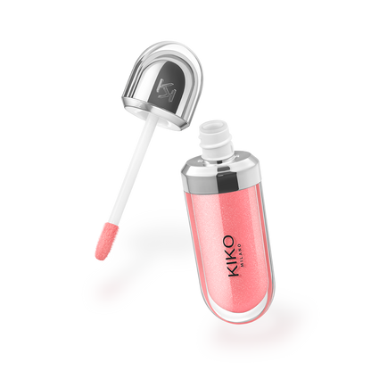 Soft pink glitter lip gloss with doe-foot applicator and silver flip-top cap