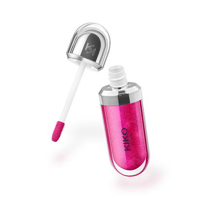 Bright pink glitter lip gloss with doe-foot applicator and silver flip-top cap