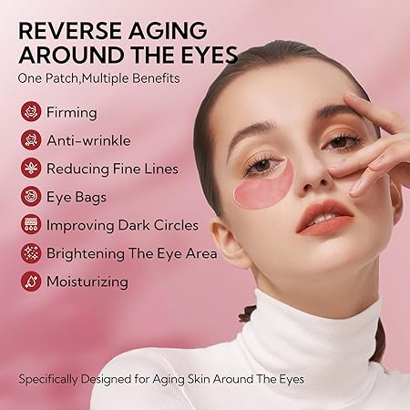 LANBENA reverse-aging eye patches on under-eye area, pink translucent gel