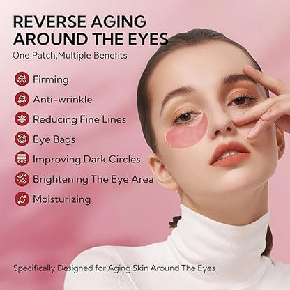 LANBENA reverse-aging eye patches on under-eye area, pink translucent gel