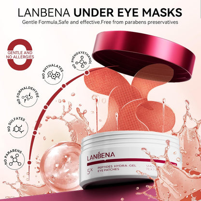 LANBENA under-eye hydro-gel patches, pink jar with translucent patch sheets