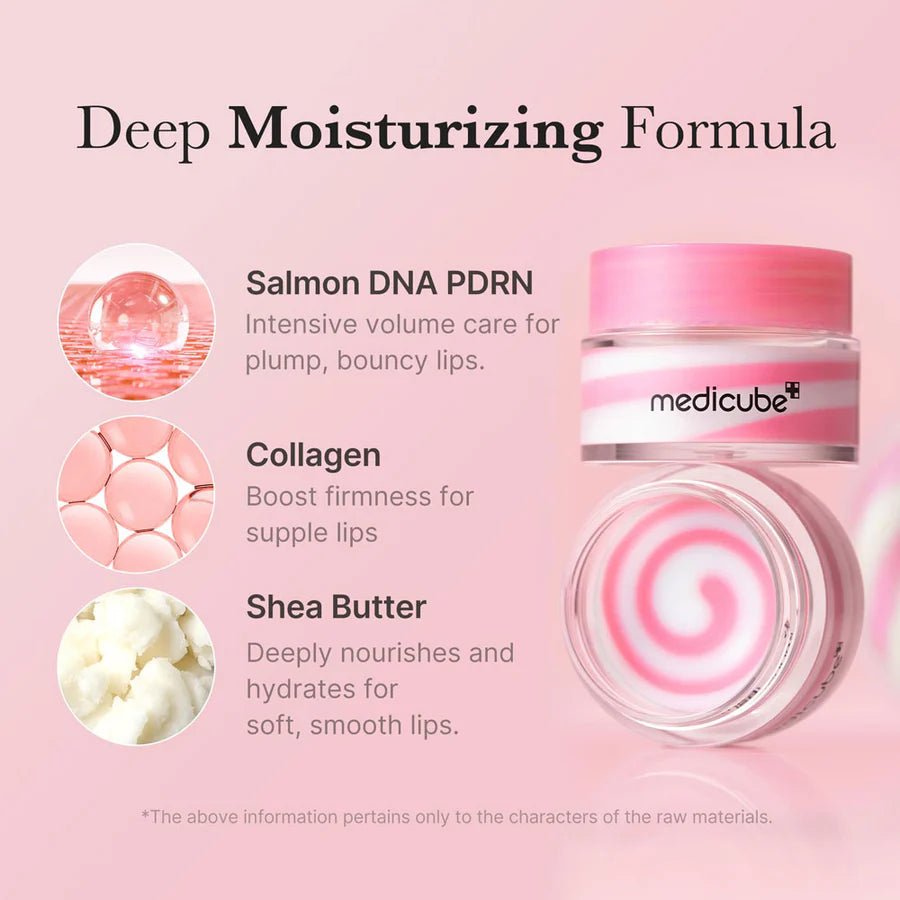Pink lip sleeping mask jar with salmon DNA PDRN, collagen, and shea butter callouts