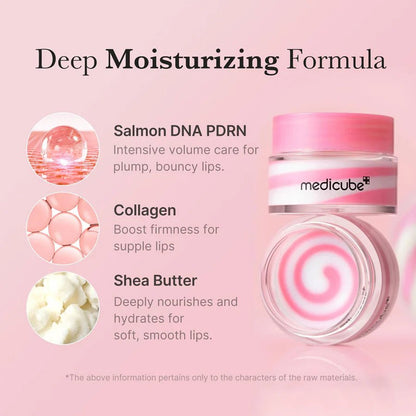 Pink lip sleeping mask jar with salmon DNA PDRN, collagen, and shea butter callouts