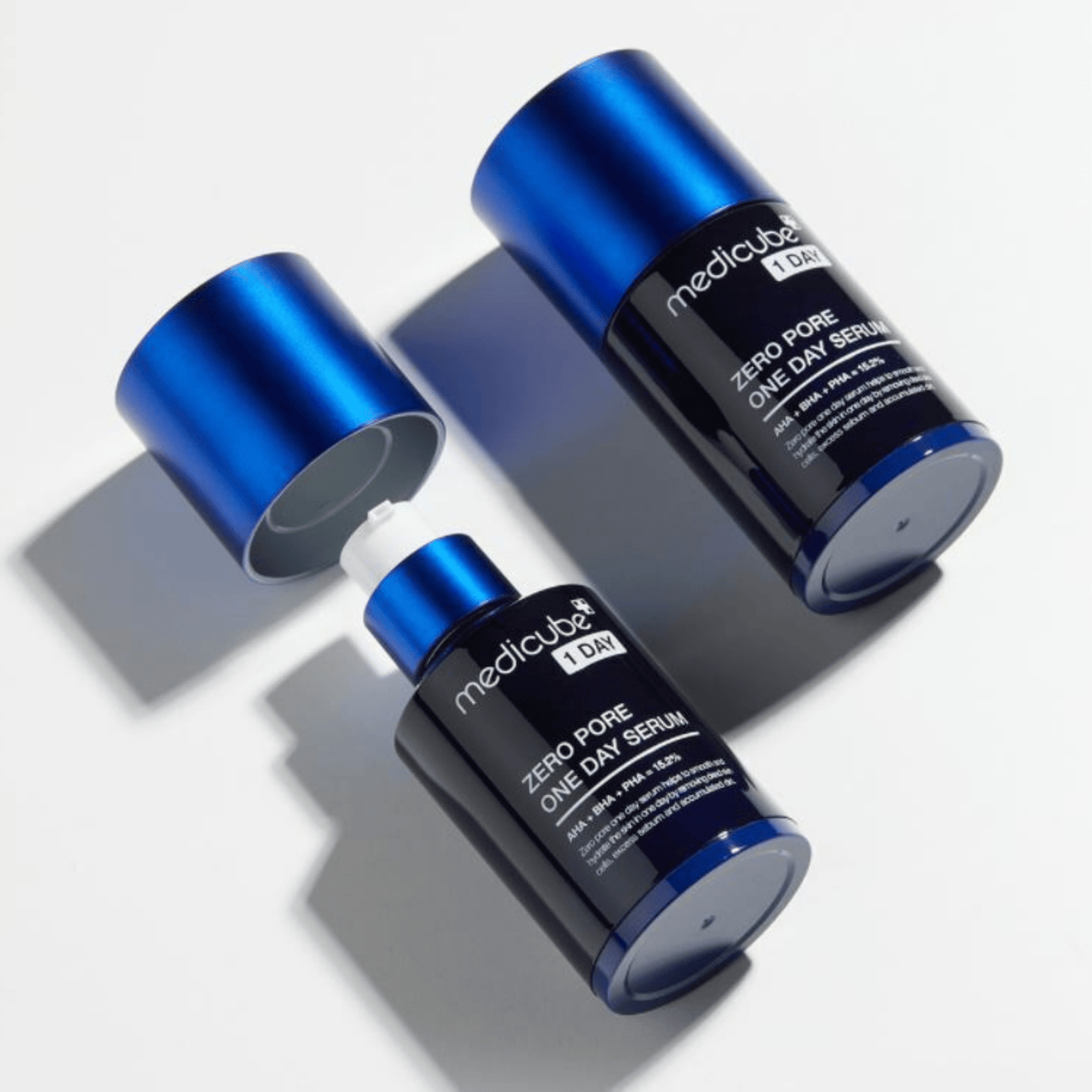 Set of Medicube Zero Pore One Day Serum bottles with blue tops and black labels