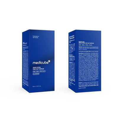 Medicube Zero Pore One Day Serum product box, blue front and back sides