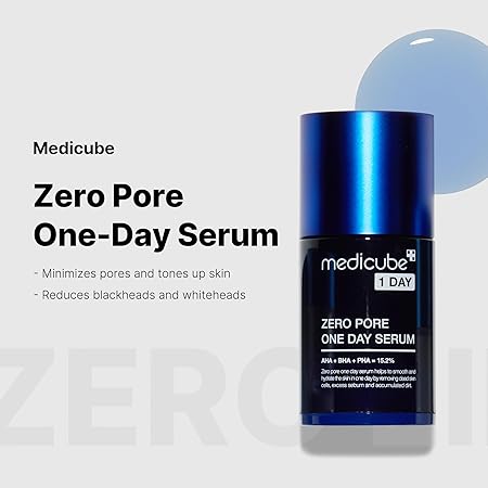 Medicube Zero Pore One-Day Serum bottle with blue cap on a product card