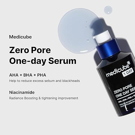 Medicube Zero Pore One-day Serum promotional layout with blue dropper bottle