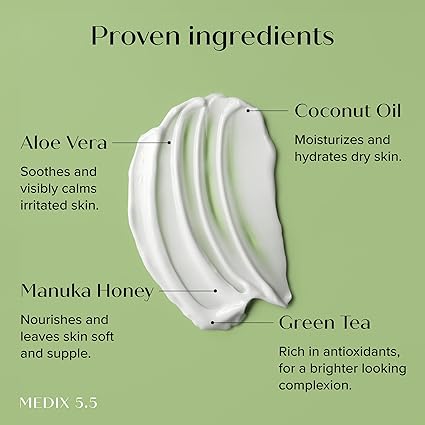 MEDIX 5.5 proven ingredients diagram: aloe vera, manuka honey, coconut oil, green tea