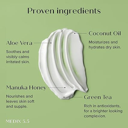 MEDIX 5.5 proven ingredients diagram: aloe vera, manuka honey, coconut oil, green tea