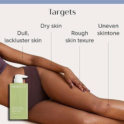 MEDIX 5.5 body cream pump bottle on skin, targets for dry, rough texture
