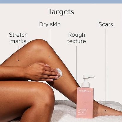 Body cream bottle with pump beside leg being moisturized
