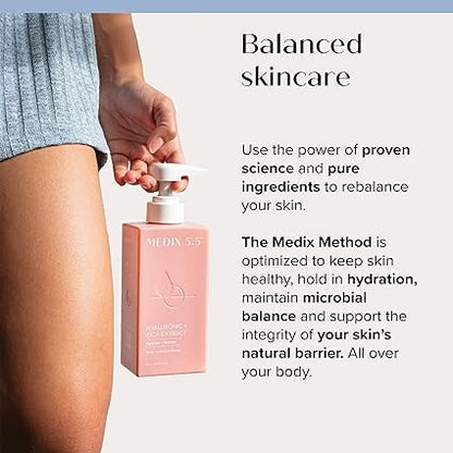 Body cream bottle with pump held near arm during application