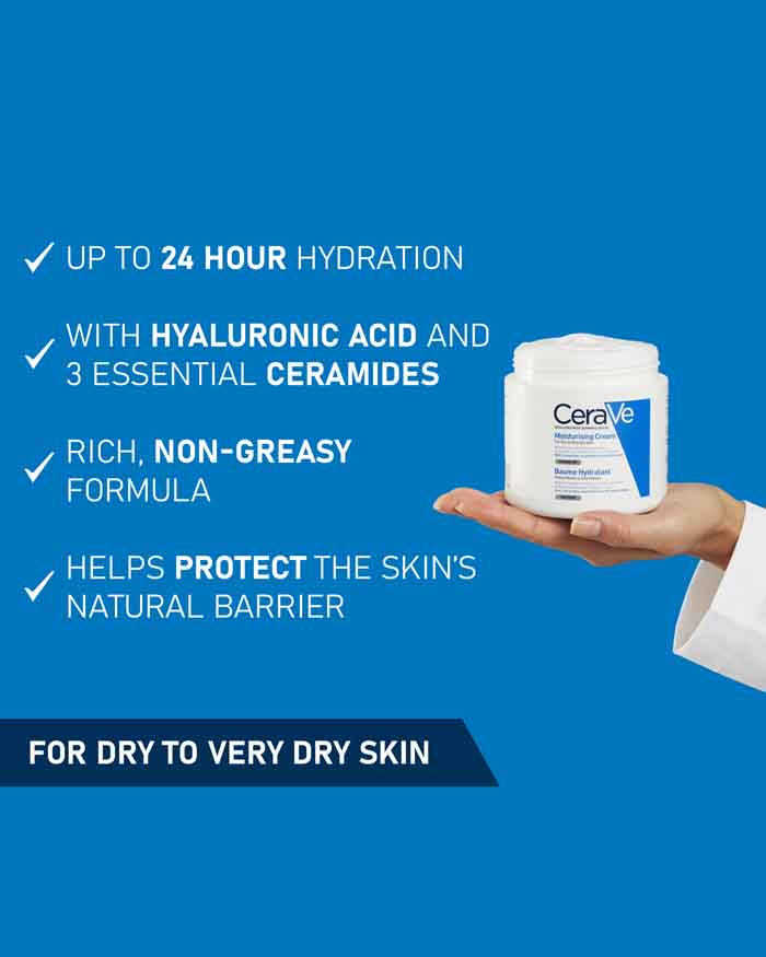 Moisturizing cream jar held in hand with hydration and ceramide benefit icons