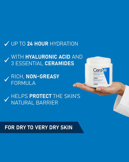 Moisturizing cream jar held in hand with hydration and ceramide benefit icons