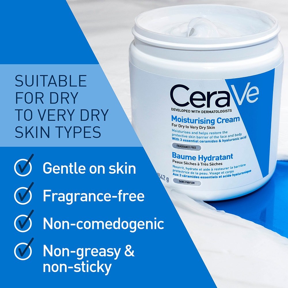 Moisturizing cream jar with blue label, white lid, and dry-skin benefit callouts