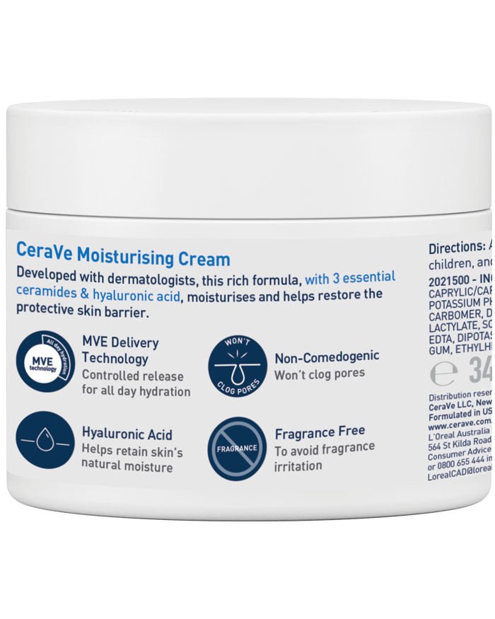 Moisturizing cream jar back view with directions, “fragrance free” and icons