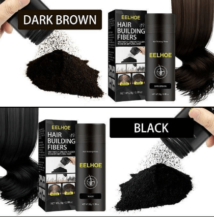 EELHOE hair building fibers powder with dark brown and black options, poured from brush