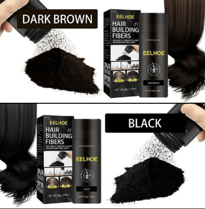 EELHOE hair building fibers powder with dark brown and black options, poured from brush