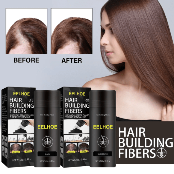 EELHOE hair building fibers powder with black and dark brown bottles, applied to hair