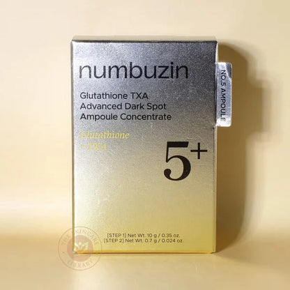 numbuzin Glutathione TXA advanced dark spot ampoule concentrate box, dark and gold 5+
