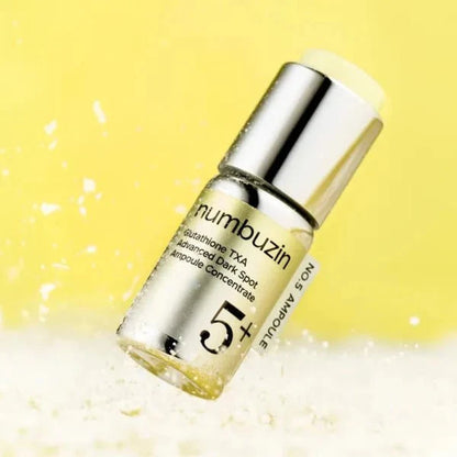 numbuzin Glutathione TXA dark spot ampoule concentrate bottle with silver cap, clear yellow liquid