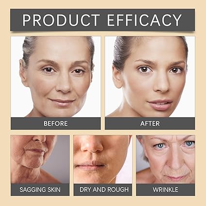 Product efficacy panel with before and after face results for sagging and wrinkles