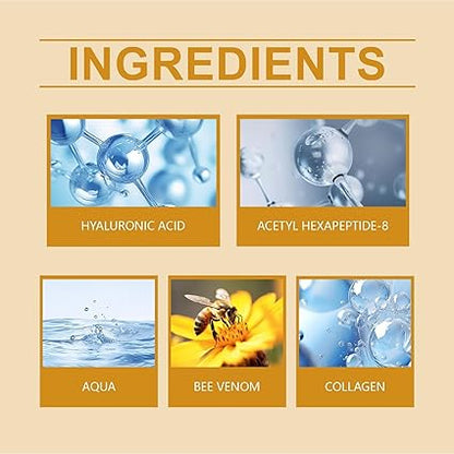 Ingredients chart with hyaluronic acid, acetyl hexapeptide-8, bee venom, collagen
