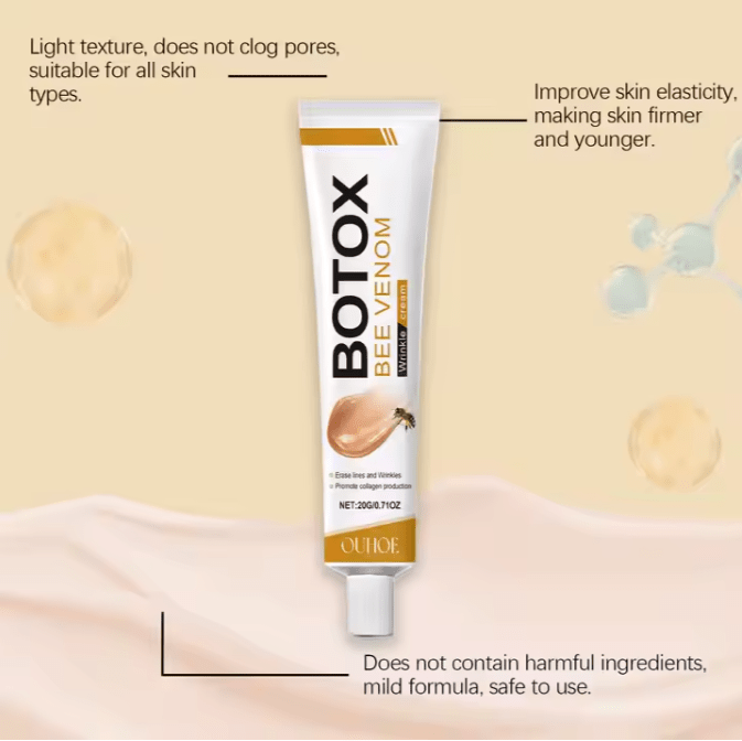 Bee venom wrinkle cream tube with nozzle, on skin with light texture callouts