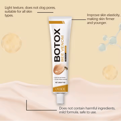 Bee venom wrinkle cream tube with nozzle, on skin with light texture callouts